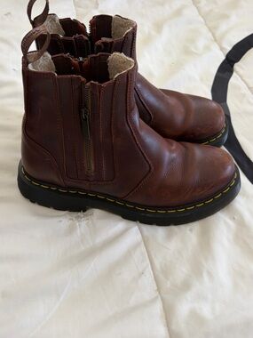 Dr. Martens Brown Leather Side-Zip Ankle Boots with Yellow Stitching